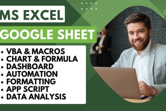 do microsoft excel vba,  macros, formulas, dashboard and google spreadsheet