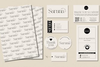 do business packaging design, wrapping paper, thank you card, stickers and more