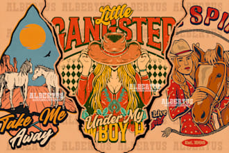 create vintage cowgirl logo design in hand drawn style