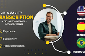 transcribe any audio or video file in spanish, english, or portuguese
