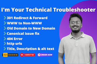 fix 301 redirect, 404 error, broken link, http, canonical issues, domain forward