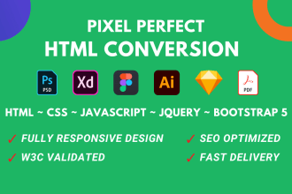 convert PSD to HTML, xd to HTML, figma to HTML responsive bootstrap