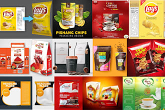 do 3d product label design, chips, chili, coffee, food, weed pouch and 3d mockup