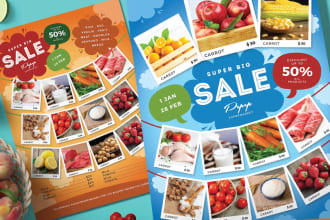 design supermarket grocery shop flyer, banners, poster, logo