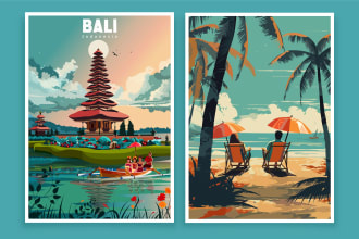 make art deco, vintage,  retro, modern travel poster or landscape illustration