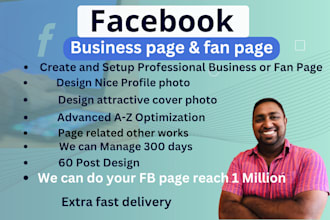 create facebook business page setup, fan page,  post, cover design