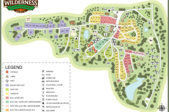 plan and render of a campsite, rv park, campground and map