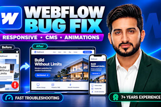 fix webflow bugs, responsive issues, cms errors and customize
