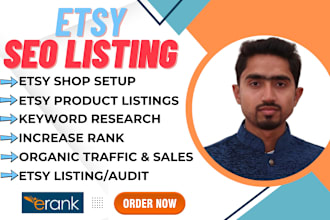 setup etsy seo listings, product titles, tags, with erank, etsy promotion