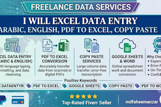 excel data entry arabic, english, pdf to excel, copy paste