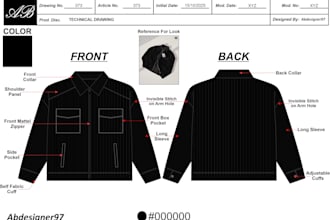 create a detailed corduroy jacket tech pack with size chart, pom, bom, and specs