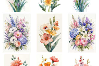 create watercolor flowers print art for digital download