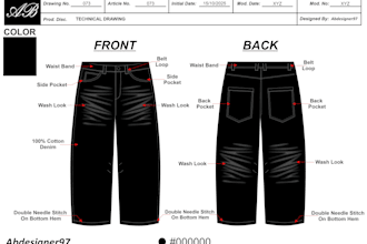 create a professional denim pant tech pack with size chart and bom
