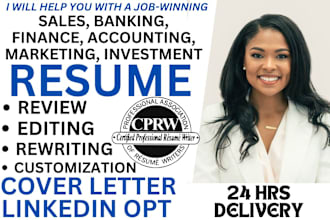 write sales, banking, finance, accounting, marketing and investment resume or CV