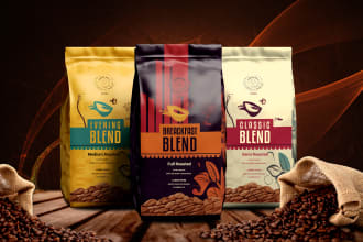 create premium coffee bag, coffee pouch, coffee label, sticker packaging design