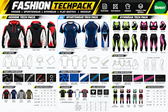 create fashion apparel tech pack, hoodie, sportswear, gymwear flat sketch mockup