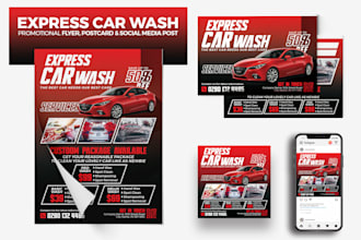 design car rental, repair, car wash, detailing pricelist flyer, banner, postcard