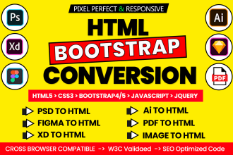 convert figma to html, html landing page xd to HTML, psd to html css bootstrap5