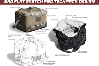 design backpack, trolley bag, tote bag tech pack and sketch