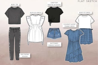 draw fashion technical illustrations of garments with details