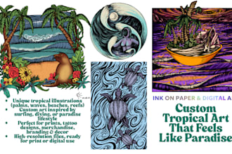custom tropical art with surf, dive, underwater, beach vibes