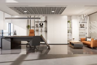 design office interior, workspace and 3d renderings
