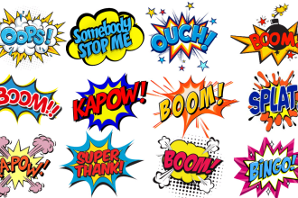 create unique pop art logo, 80s, 90s, words art, comic text style