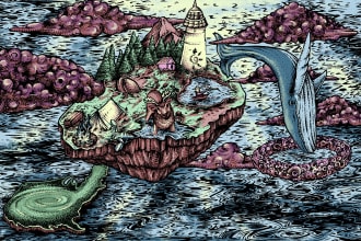 draw custom fantasy island ink and digital art illustrations