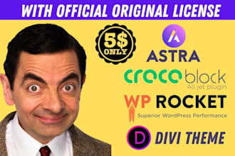 install elementor, astra pro, crocoblock, divi, wp rocket licenses