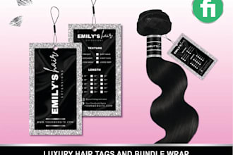 design hang tag, bundle wrap for hair business in 12 hours