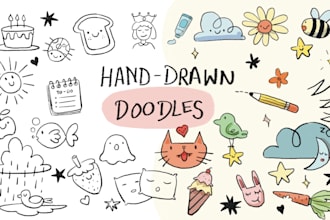 draw hand drawn chibi, editorial illustrations, minimal doodles and outline art