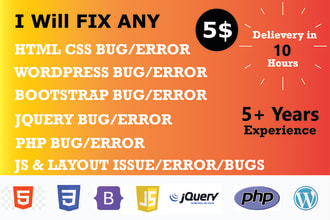 fix php, wordpress, html, css, bootstrap, javascript, jquery, errors,issues,bugs