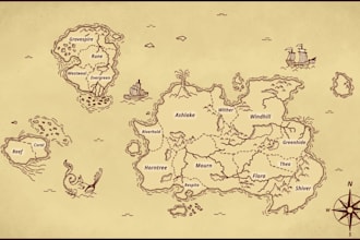 design a fantasy world map using an antique parchment style