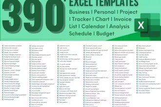 provide 390 excel templates business, personal, tracker, analysis, calendar etc