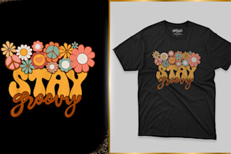 design groovy wavy theme retro 60s vintage 70s flower curly tshirt