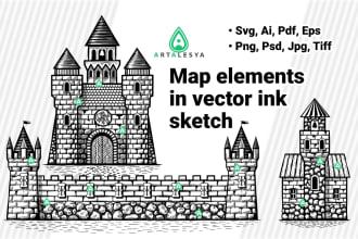 draw fantasy map elements in vector ink sketch, house fortress tower tree lake