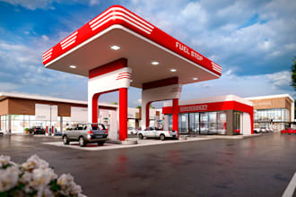 create a 3d design of a fuel and charging station