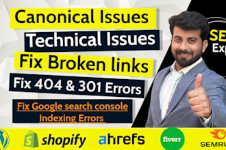 fix 404 broken links, gsc indexing issues and canonical issues