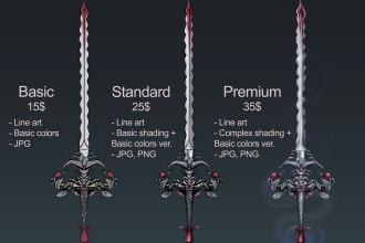 design concept art of weapons, armor, items