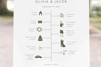 do wedding timeline, chart design, welcome sign within 2hrs