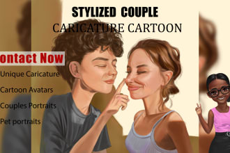 draw a stylized caricature, couple portrait, pet portraits