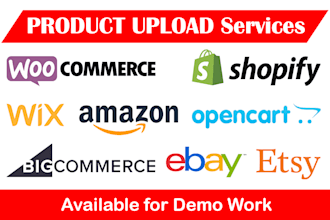 do product upload and listing on shopify, woocommerce, ebay, opencart, etsy, wix
