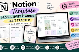 design notion template, etsy productivity planner, habit tracker for etsy resell