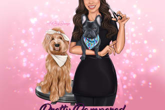 draw pet groomer logo design, pet store branding, cartoon dog portrait