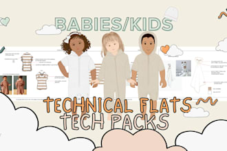 design tech pack and fashion flat sketches for babies and kids