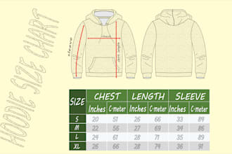 make clothing size charts, spec sheet, and size guides