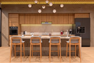 design kitchen and bathroom interior in realistic rendering