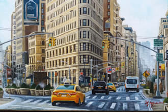 paint the cityscape using oil paint on canvas with shipment