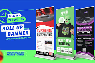 do roll up banner, pull up, retractable, x or feather flag design in 4 hr