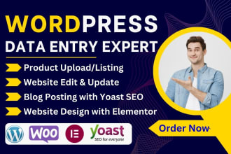 do wordpress data entry blog posts and woo commerce product listing with SEO